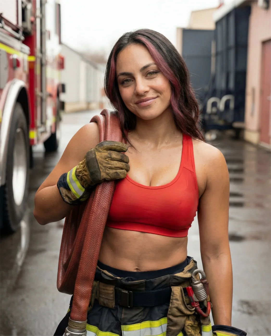 AI character in a workwear scene, same locked identity