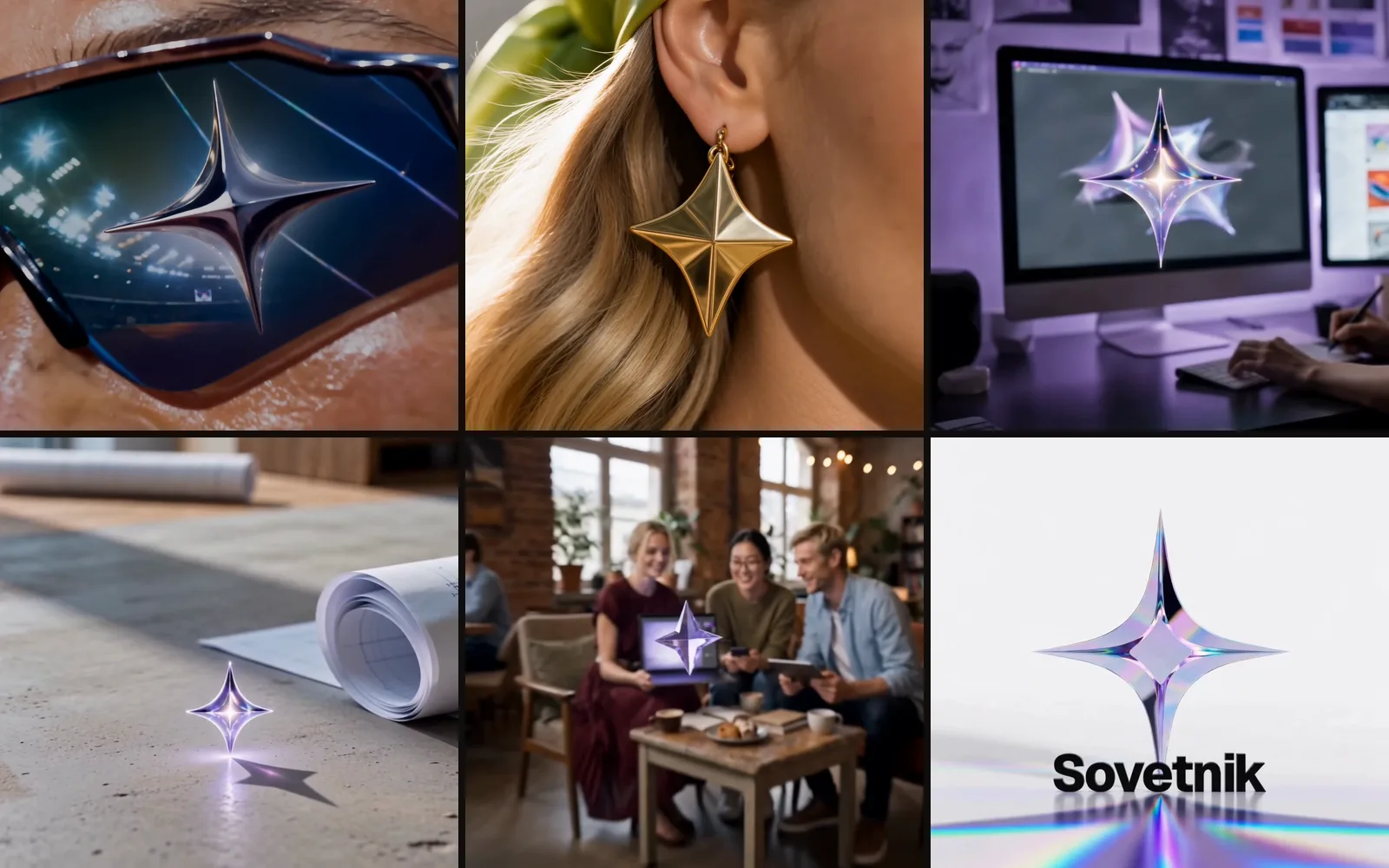 Six scenes from the sovetnik.ai film, each with the star from the logo: sunglasses, an earring, a designer's screen, drawings, friends in a loft and the logo