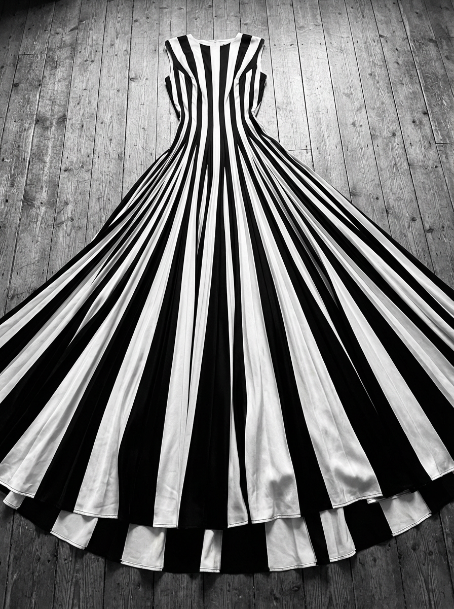 Reference: black and white striped dress flat lay