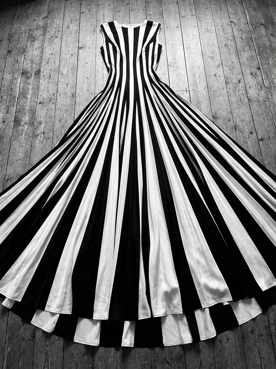 Reference: black and white striped dress flat lay