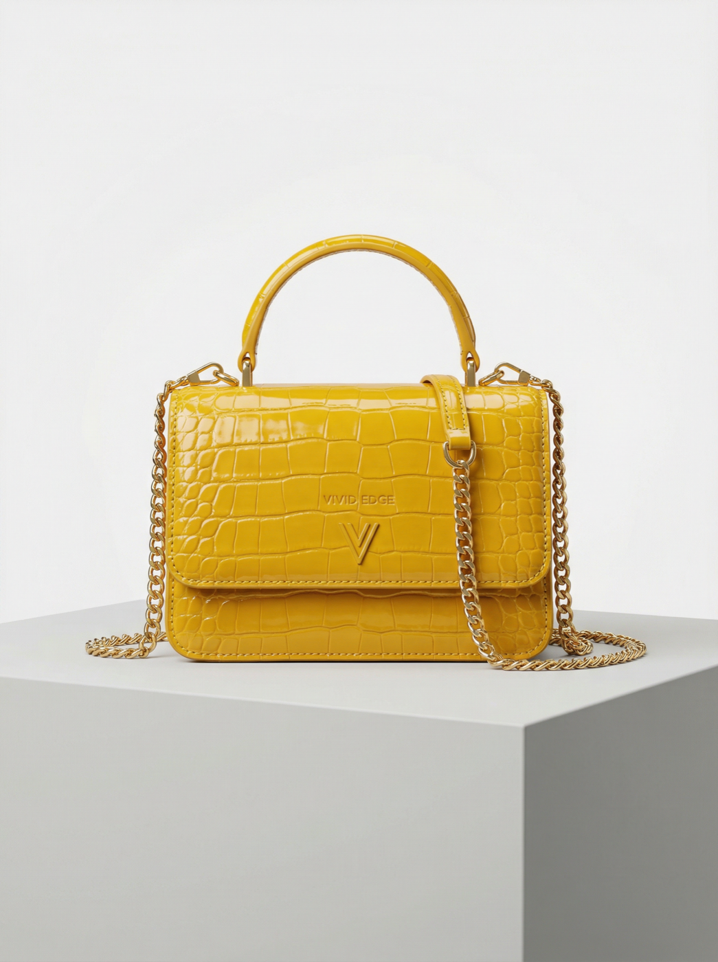 Reference: yellow leather bag product photo