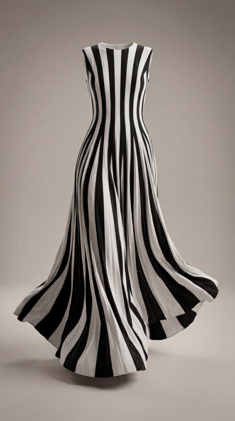 AI result: striped dress rendered as editorial fashion visual