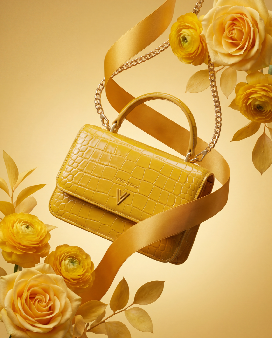 AI result: yellow bag in golden roses lifestyle scene