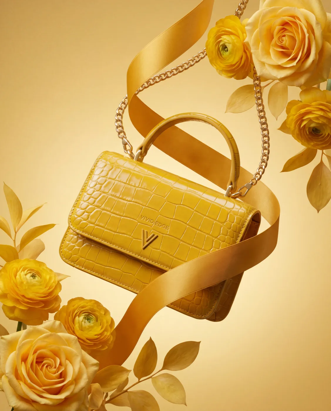 AI result: yellow bag in a lifestyle scene with golden roses
