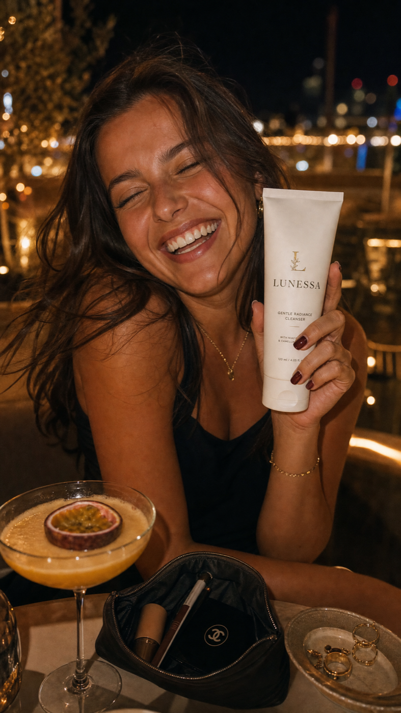 AI result: model holding Lunessa cleanser in lifestyle setting