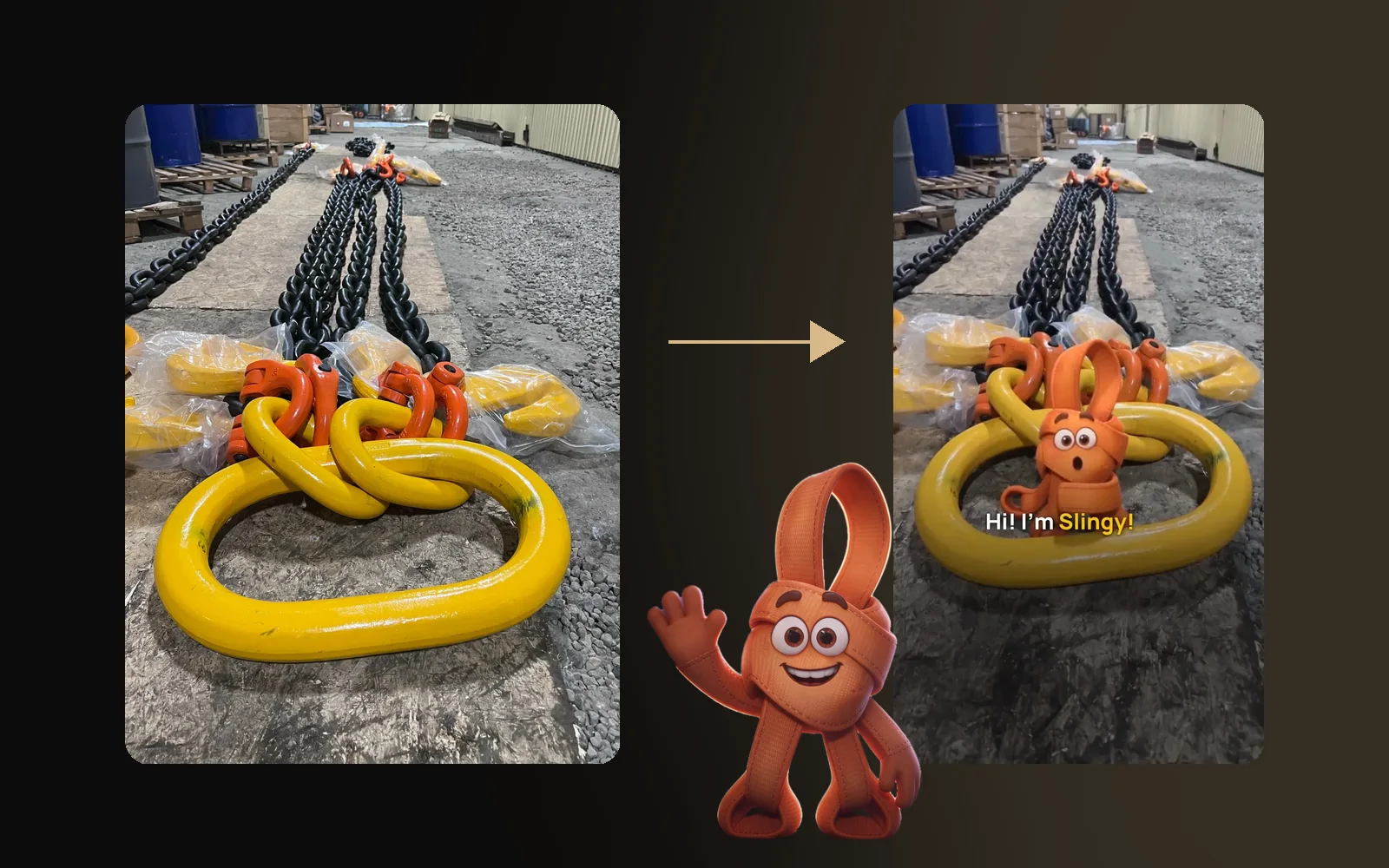 A phone photo of a chain sling turned into a mascot video with Slingy